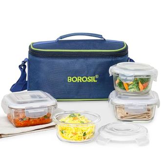 Borosil Glass Universal Microwave Safe Office Lunch Box (Bag Color: Blue, Container Color: Transparent, 2pcs 320 ml sq. + 2pcs 240 ml Round) Set of 4
